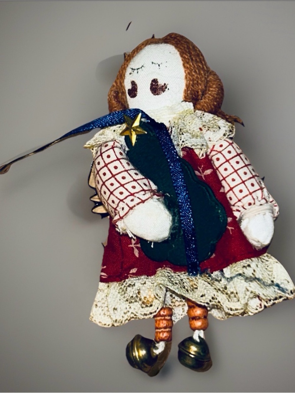Vintage 4”Unique Angel Doll Christmas Hanging Ornament Wings Bells Yarn